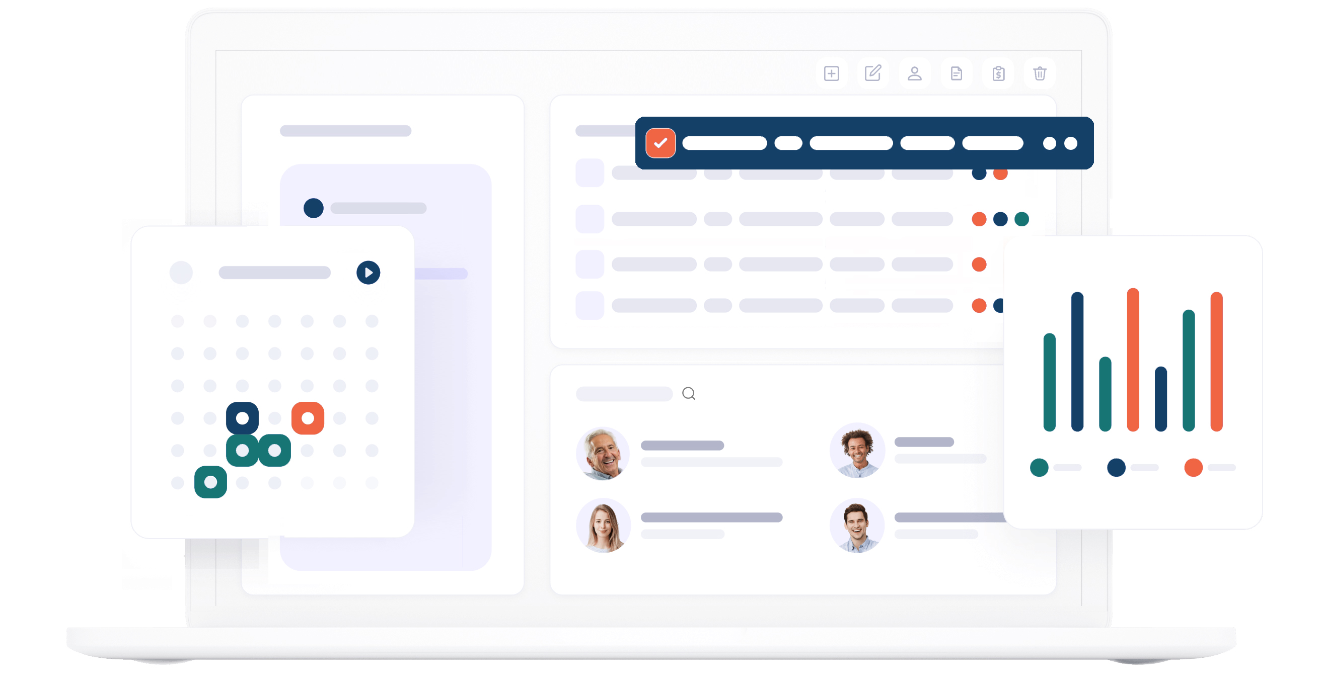 Software de gestión administrativa con agenda a la vista con posibilidad de filtrar por profesional, especialidad y tipo de turno. 